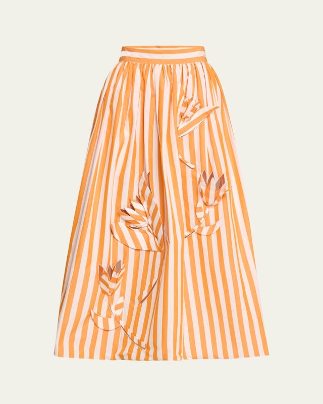 Floral Cut Out Striped Cotton Maxi Skirt